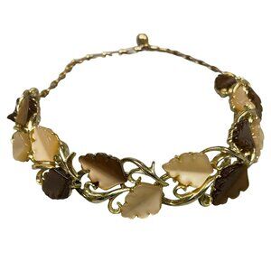 Vintage Thermoset Leaf Necklace Choker Gold Tone Brown Moonglow